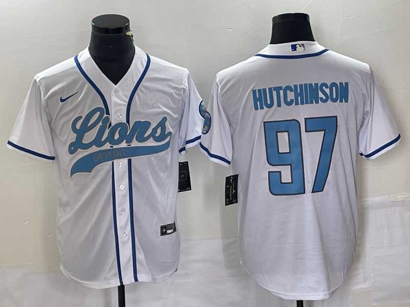 Men's Detroit Lions #97 Aidan Hutchinson White With Patch Cool Base Stitched Baseball Jersey